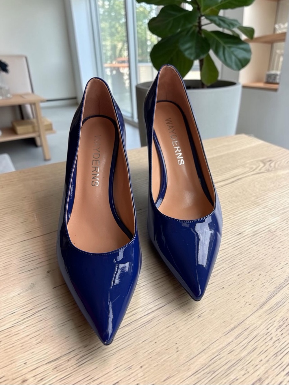 Navy Patent Pointed Toe Kitten Heel Pumps